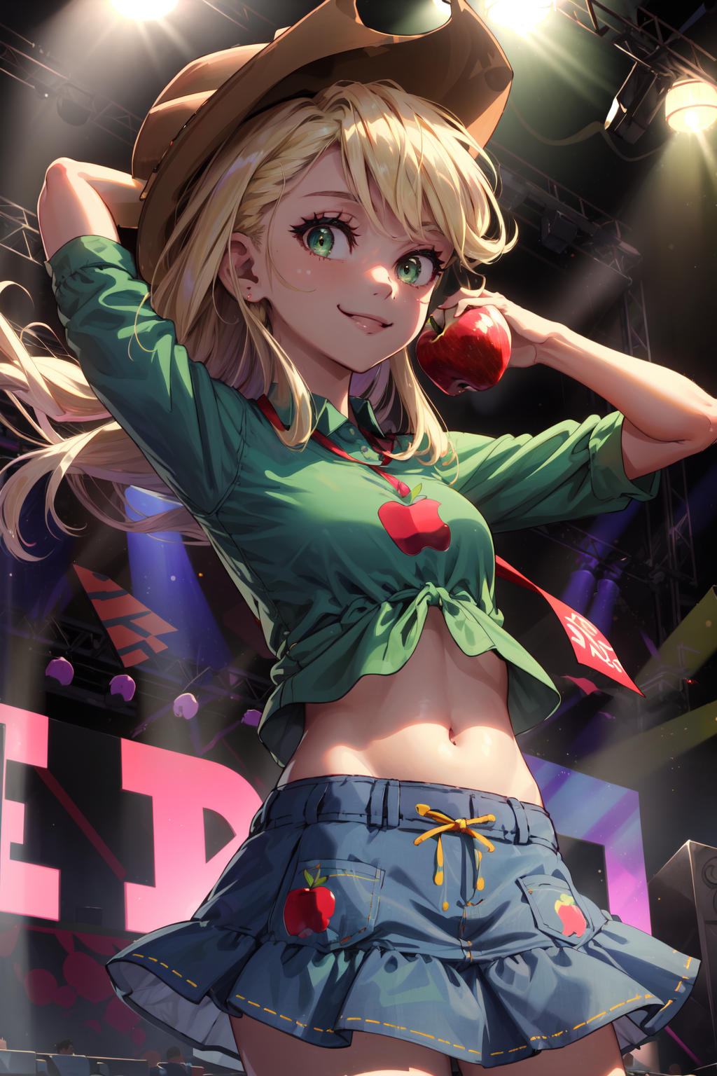 00729-340557048-masterpiece,best quality,1girl,mlpapplejack,low-tied long hair,blonde hair,green eyes,smile,cowboy hat,shirt,denim skirt,midriff.png